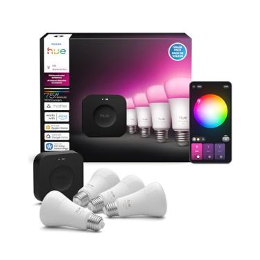Imagem de Philips Hue Kit iniciante: Bridge Pro + 4 lâmpadas inteligentes A19 E26, ambiente branco e colorido, regulável, hub de luz inteligente, funciona com Apple Home, Alexa, Google, Samsung SmartThings