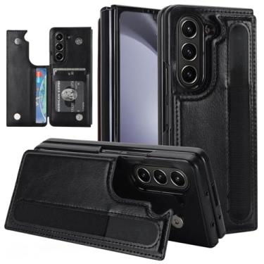 Imagem de Capa carteira para Samsung Galaxy Z Fold 7 com suporte para cartão e compartimento para caneta, capa de telefone clássica de couro dobrável de luxo com fecho magnético e suporte resistente (preto)