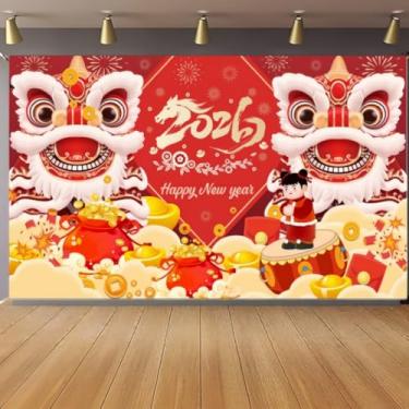 Imagem de KYMY Pano de fundo de ano novo chinês, faixa para pendurar cavalo do zodíaco lunar de ano novo 2026 70,9 x 43,3 polegadas, festival de primavera asiático, fundo de parede de poliéster, cabine de fotos