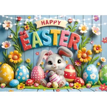 Imagem de Pano de fundo de Feliz Páscoa, Coelhinho fofo, ovos coloridos, floral, de madeira, faixa de Páscoa, decoração de festa de aniversário, suprimentos para eventos de primavera, adereços para cabine de