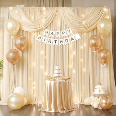 Imagem de Wish Care Cortinas de fundo champanhe de 6 x 3 m com cordão de luzes para festas, sem rugas, tecido macio, para fotos de casamento, aniversário, chá de bebê, fundo de fotografia 1,5 x 3 m, 4 painéis