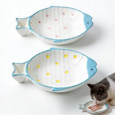 Imagem de Conjunto de 2 tigelas de cerâmica para comida de gato, peixe fofo, raso e largo, colorido, pratos de gato com bigode para alimentos, tigela de comida de gatinho, para pequenos pratos de alimentação de