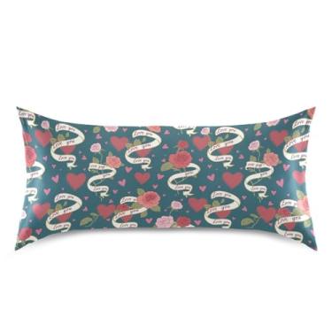 Imagem de Wassud Fronha de cetim para cabelo e pele com fita de rosas e corações para cabelo e pele, capas de almofada respiráveis tamanho king size com fecho de envelope