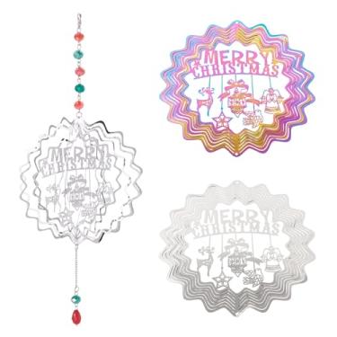 Imagem de 2 x Sinos de vento arco-íris com inscrição "Feliz Natal", cata-vento 3D efeito de fluxo de metal decoração de jardim para jardim, quintal, pátio, varanda, presente feminino