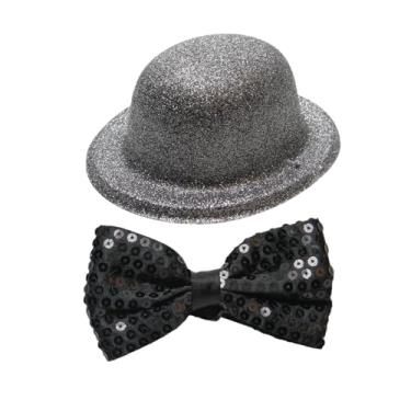 Imagem de Mini Chapéu Glitter Mais Gravata Borboleta Brilhe No Carnaval Prata e Preto