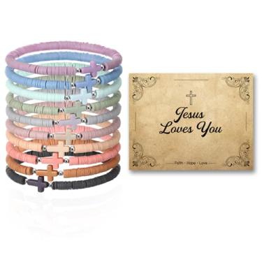 Imagem de Landical 30 Set Cross Bracelets Bulk Jesus Christian Bracelets with Blessing Card Handmade Elastic Colorful Polymer Clay Beaded Religious Christian Wristbands for Women Kids Easter Hunt Gift (Morandi)