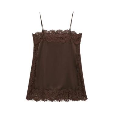 Imagem de Top De Cami De Renda De Cetim Sexy Para Mulheres Com Fenda Lateral E D