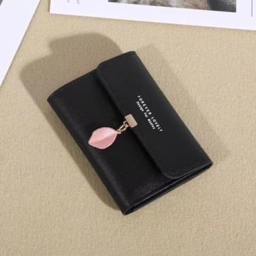 Imagem de Carteira feminina dobrável para estudante bolsa de estudante simples couro PU porta-cartões (preto)