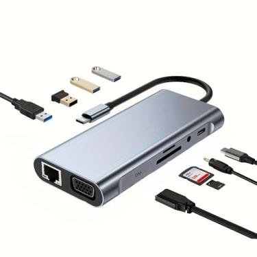 Imagem de Hub USB C, adaptador USB C 11 em 1 com HDTV, VGA, 1 USB 3.0, 3 x USB 2.0 Ethernet, leitor de cartão SD/TF, conector de fone de ouvido de 3,5 mm para laptops MacBook