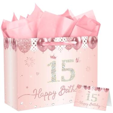 Imagem de JCTHKUKU Saco de presente de aniversário de 15 anos rosa dourado e fabuloso para mulheres, grande, rosa, feliz aniversário de 50 anos, com papel de embrulho e cartão