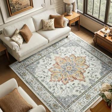 Imagem de RELEANY Tapetes quadrados de 1,8 m, lavável, antiderrapante, floral, vintage, estampado, medalhão, tapete para sala de estar, quarto, sala de jantar, amarelo claro, cinza carbono laranja