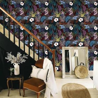 Imagem de Papel de parede autoadesivo com tema de planta PVC adesivo decorativo para quarto e sala de estar renovação azul roxo 45 * 300 cm