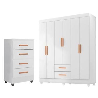 Imagem de Kit Guarda-Roupa Casal 6 Portas com Cômoda 4 Gavetas Lisa Branco - Móv