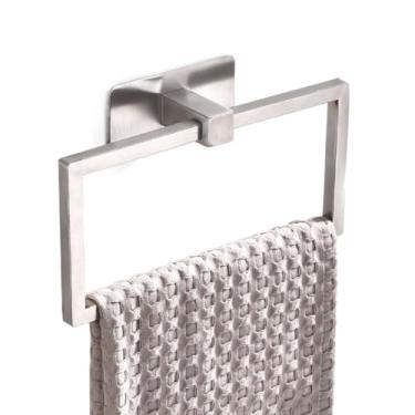 Imagem de Anel de toalha de aço inoxidável suporte de toalha quadrado nórdico para banheiro montado na parede (prata)