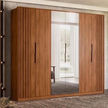 Imagem de Guarda Roupa Casal 6 Portas Com Ripado E Com Espelho 6 Gavetas Atrice Nogueira Touch
