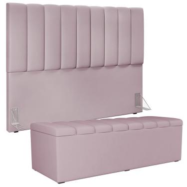 Imagem de Kit Cabeceira Cama Box Casal King 195cm Com Calçadeira Baú Dália W01 Suede Rosê - Lyam