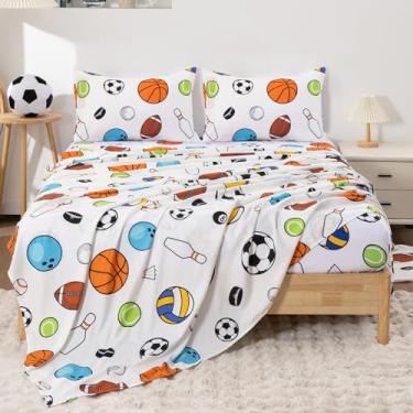 Imagem de URLINENS Jogo de lençol infantil casal com 4 peças, divertido, colorido, de microfibra, basquete, beisebol, futebol, esportivo, para meninos, meninas, adolescentes, sem vincos, lençol de cama