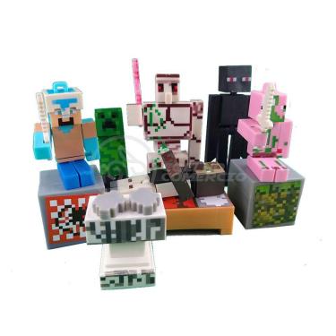 Imagem de Kit Cartelado Conj. Minecraft 2 Bonecos+1 Villager+1 Enderman+1 Creeper+1 Cama+Espadas