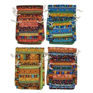 Imagem de Bolsas de algodão étnico e linho com cordão para joias, pacote com 12 