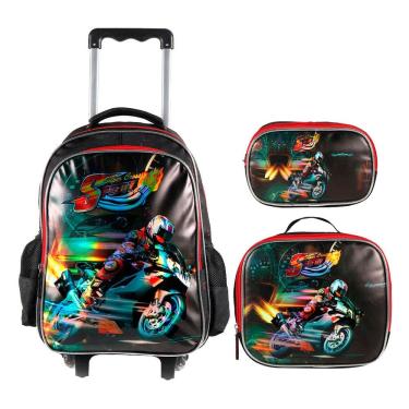 Imagem de Kit Escolar Motocross Yins - Mochila com Rodinhas, Lancheira e Estojo