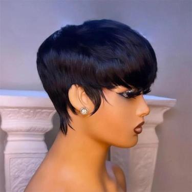 Imagem de Peruca Preta Pixie Cut Curta Lisa Com Franja De Cabelo Humano Virgem B