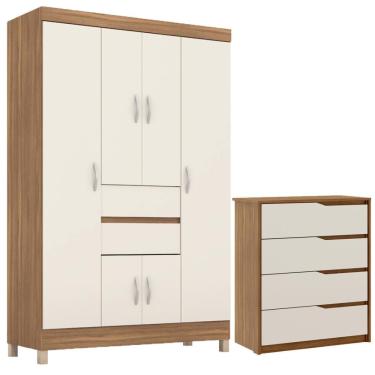 Imagem de Guarda Roupa Solteiro Kit Ecom II e Cômoda Atria 6 Portas 2 Gavetas MDP Amêndola Touch-Off White Demóbile