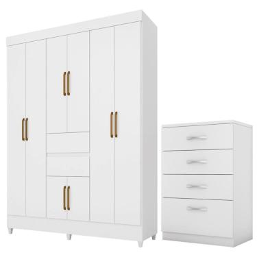 Imagem de Kit Guarda Roupa Casal com Espelho Munique e Cômoda Astral 8 Portas Giratórias 4 Gavetas MDP Branco