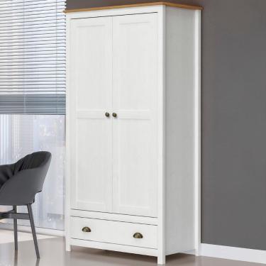 Imagem de Guarda Roupa Solteiro 2 Portas Branco-Freijó 1 Gaveta Lázio F07 Madeira Maciça Mpozenato