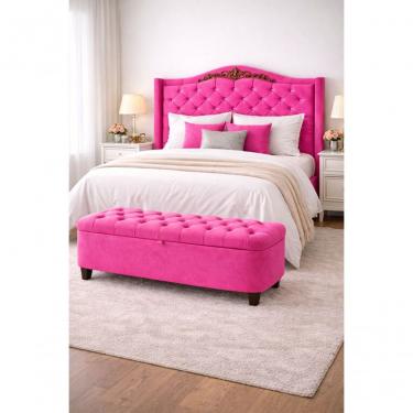 Imagem de Kit De Quarto Lisboa Cabeceira De Cama Box E Calçadeira Baú Casal 140 Cm Suede Rosa Pink Eli Móveis E Decoração