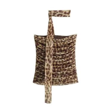 Imagem de Top Cropped De Tule Com Estampa De Leopardo, Ombros Descobertos E Cost