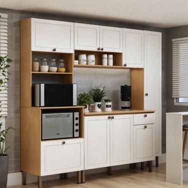 Imagem de Cozinha Modulada 5 Peças em Mdf com Tampo e Torre Detalhe Americano Frizz Cinamomo Fosco / Branco Fosco