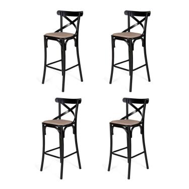 Imagem de Conjunto 4 Banquetas Katrina com Encosto em Aço Preto Assento Corano para Bancada de Co...