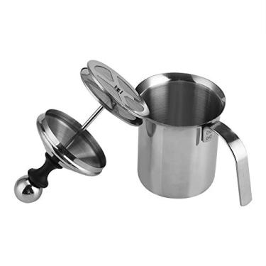 Imagem de Aço inoxidável manual desnatadeira de leite bomba manual bocal cappuccino café com leite jarra de espuma com alça, tampa, tela de filtro de camada dupla (400 ml)
