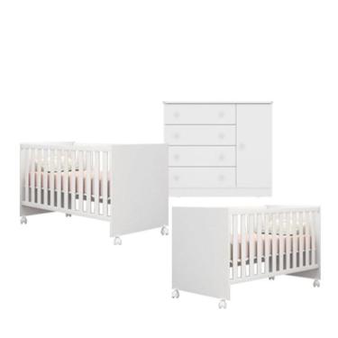 Imagem de Kit Berço Gemeos 1344 Com Rodízios e Cômoda 2561 Linha Doce Sonho Qmovi