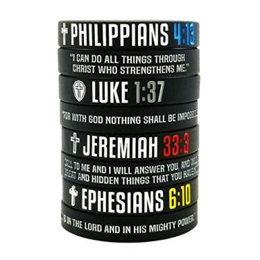 Imagem de Nuzabee (Pacote com 8 pulseiras de silicone com versículos bíblicos cristãos | Pulseiras de borracha para presentes religiosos para homens, mulheres | Força, fé, esperança, crença | Mensagens