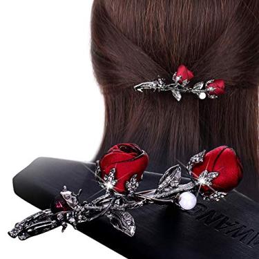Imagem de Elegante strass rosa flor de metal grampos de cabelo cabelo presilha de cabelo rabo de cavalo clipes de cabelo joia de cabelo para casamento, festa, Vermelho