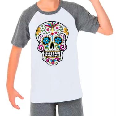Imagem de Camiseta Raglan Caveira Mexicana Skull Cinza Branco Inf02 - Design Cam