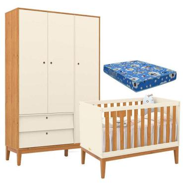 Imagem de Berço Americano e Guarda Roupa Unique 3 Portas Off White Freijó Eco Wood com Colchão Ortobom - Matic