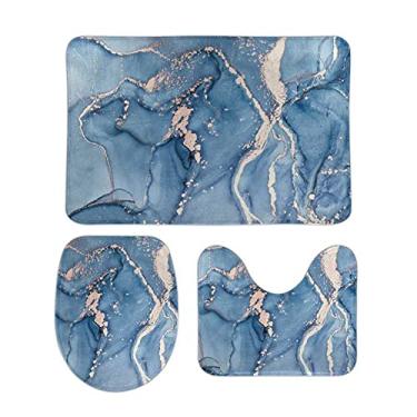 Imagem de Conjunto de 3 peças de tapetes de banheiro com arte em mármore e contorno azul, tampa de assento de vaso sanitário, tapete de banheiro antiderrapante para banheira e chuveiro