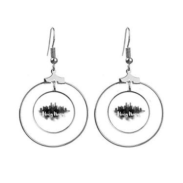 Imagem de HongKong China Landmark Ink Brincos de pintura de cidade, argola pendurada, joia circular