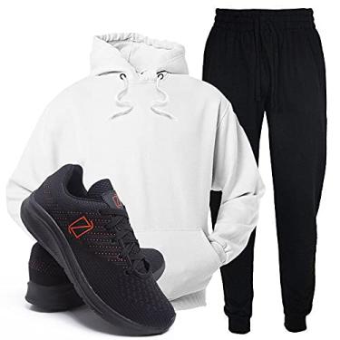 Imagem de Conjunto Blusa e Calça Moletom + Tenis Academia Casual Conforto - Branco/PretoLaranja - P/39