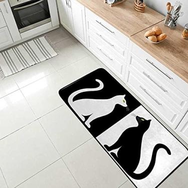 Imagem de Tapete de área de conforto preto e branco, silhueta de gatos, tapete antiderrapante para cozinha, tapete antifadiga para sala de jantar, lavanderia, escritório, corredor, 99 x 50 cm