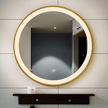 Imagem de Espelho De Banheiro Iluminado Por LED Com Luz Montado Na Parede Espelho De Barbear Retroiluminado Redondo, Armação De Metal,Luz Quente (Ouro),70cm,bonny369
