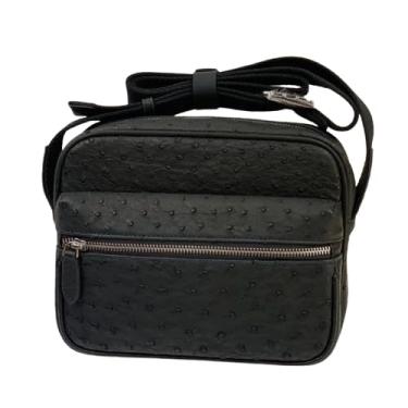 Imagem de Bolsa masculina autêntica verdadeira pele de avestruz pequena bolsa de ombro única bolsa tiracolo de couro exótico genuíno para lazer masculina, preta, 23 cm (comprimento) x 19 cm (altura) x 8 cm