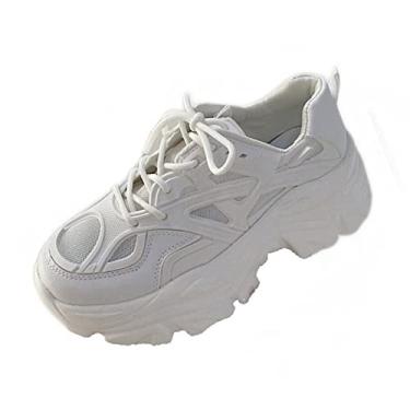 Imagem de Julymens Tênis feminino plataforma grosso com cadarço moderno salto cunha preto, Branco, 33