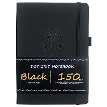 Imagem de BUKE Diário pontilhado - Caderno de grade de pontos - 150 g/m² papel preto sem vazamento - 160 páginas pretas - para mulheres e homens - Capa dura de couro PU A5 14,6 cm x 21,6 cm e caixa de presente