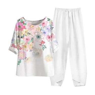 Imagem de Roupas de verão para mulheres 2024 na moda 2 peças roupas de férias de linho botões com estampa floral e conjunto de perna larga, D, G