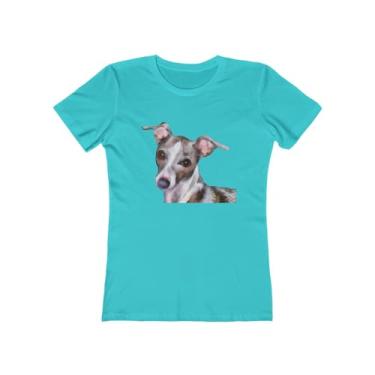 Imagem de Italian Greyhound 'Lilly' - Camiseta feminina slim fit algodão torcido, Azul taiti liso, M