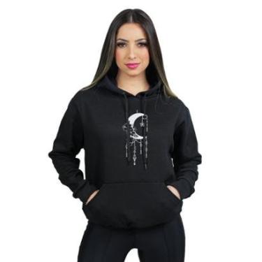 Imagem de Moletom Fem Canguru com Capuz Blusa de Frio Lua Flor Preto-Feminino