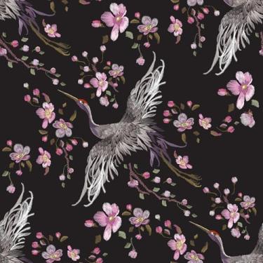 Imagem de HelloWall Papel de parede chinês de 44,5 cm x 406,4 cm estilo bordado cereja floral papel de parede descascar e colar papel de parede de guindaste japonês pássaros papel de parede preto floral papel